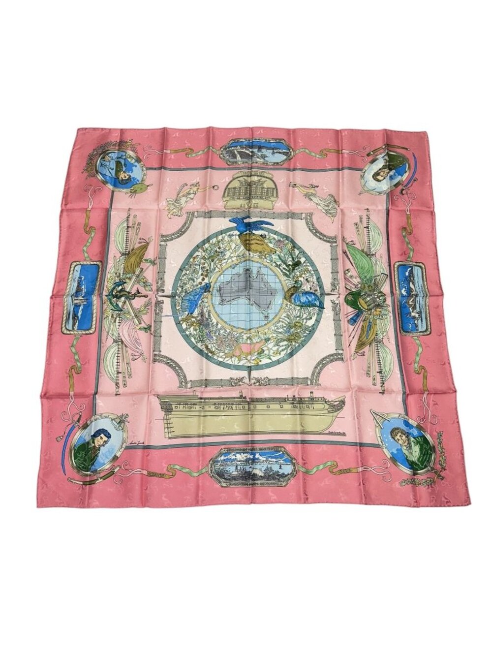 Hermes Carre 90 le Geographe Geographer Silk 100% Pink Scarf